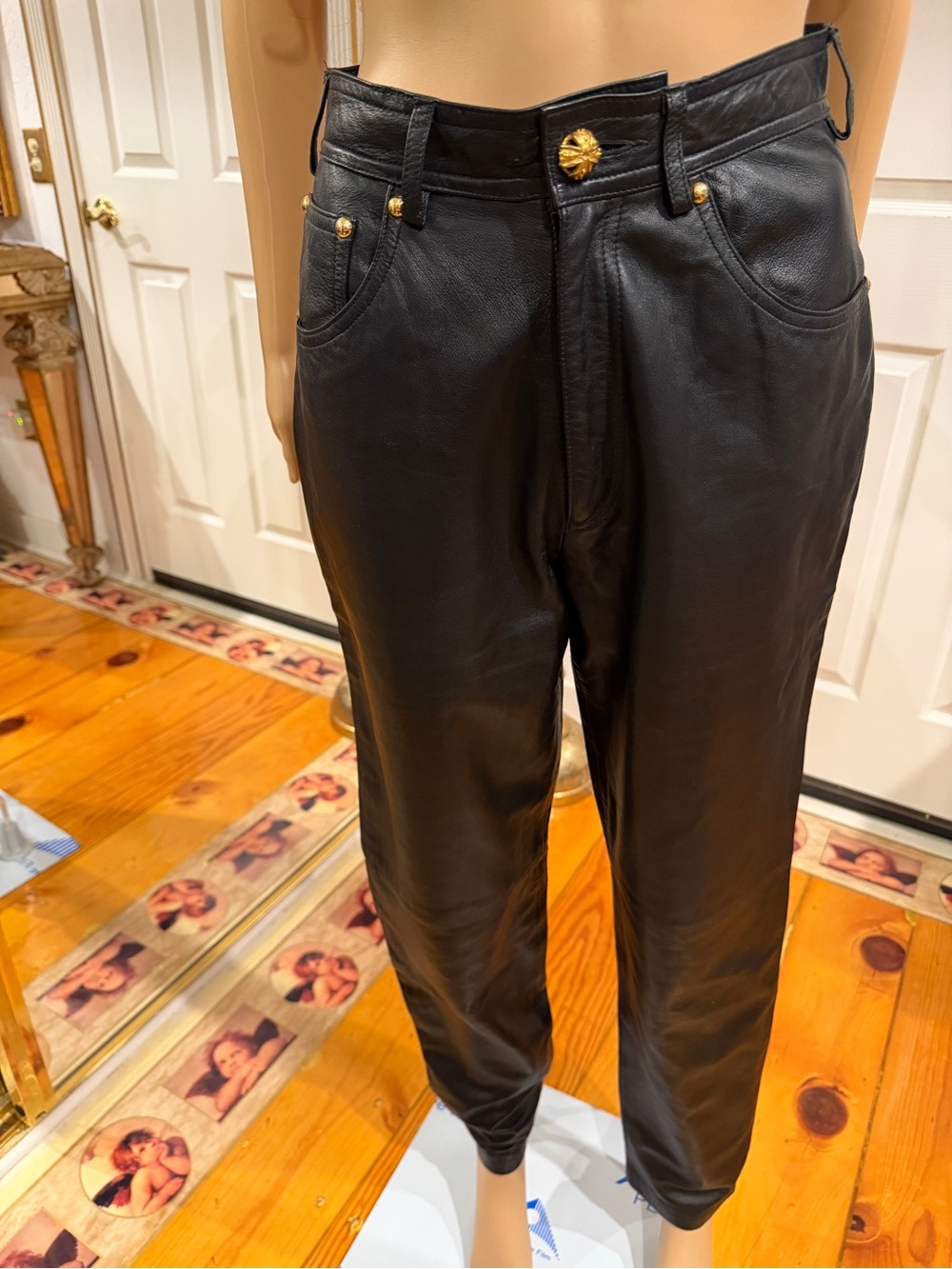 Classiques for Nordstrom Black Leather Womens Pants with Gold Accents Sz 8